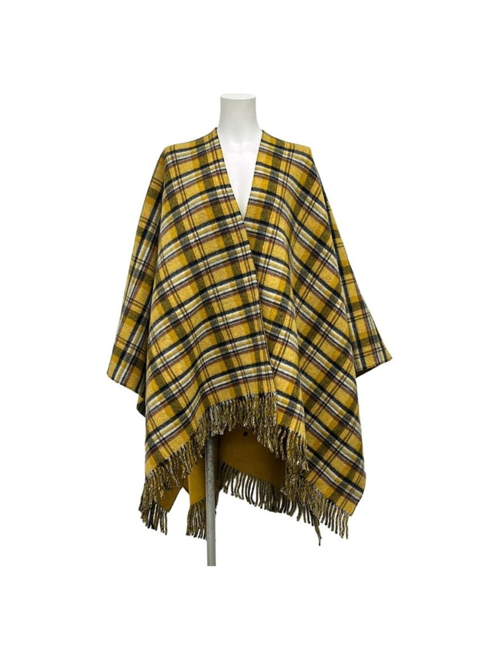 Gucci Poncho Yellow Dark Navy Multi Knit Plaid GG Pattern Reversible Fringe